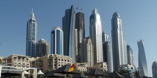 Dubai skyline with social media icons