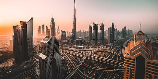 Dubai skyline with financial graphs