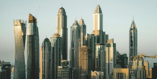 Dubai cityscape with modern skyscrapers and traditional markets